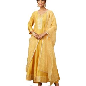 myx women's embroidered anarkali kurta pant set with organza dupatta | viscose,rayon | a line fit